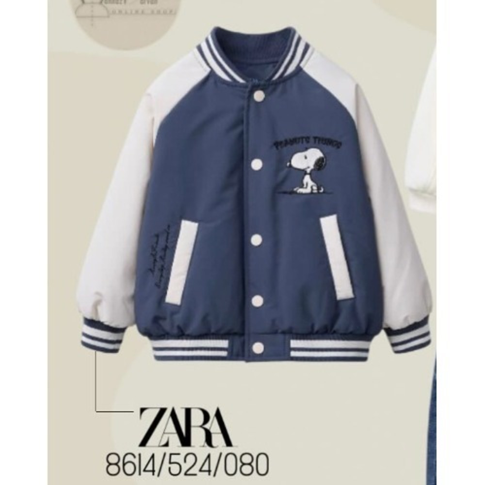 Zara Kids Snoopy Peanuts Bomber Baseball Jacket Varsity Blue 8614/524 Toddler 2